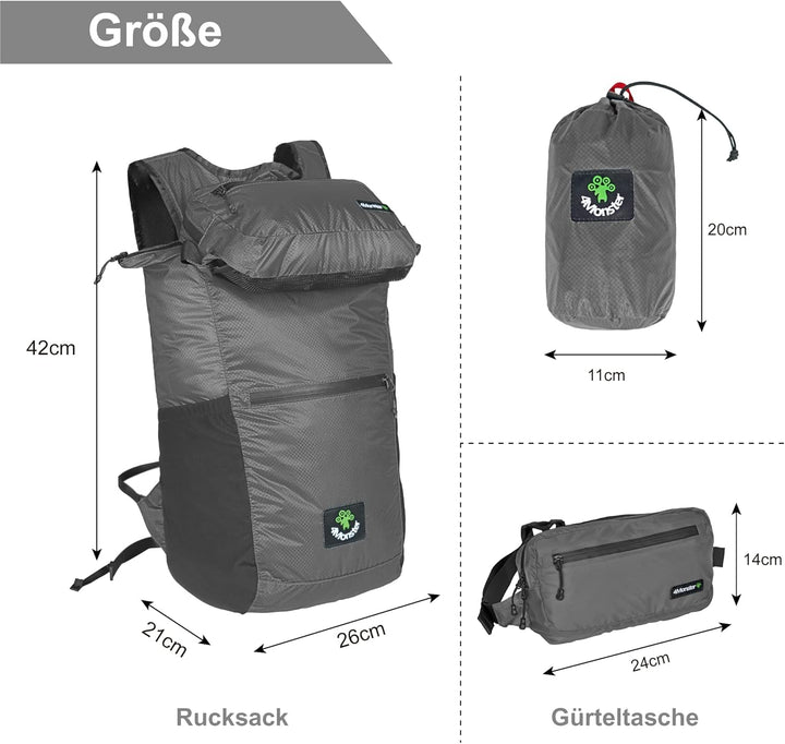 4Monster Faltbarer Rucksack Ultra Leicht, Unisex Tagesrucksack Outdoor, 2in1 Gürteltasche, Wasserdic