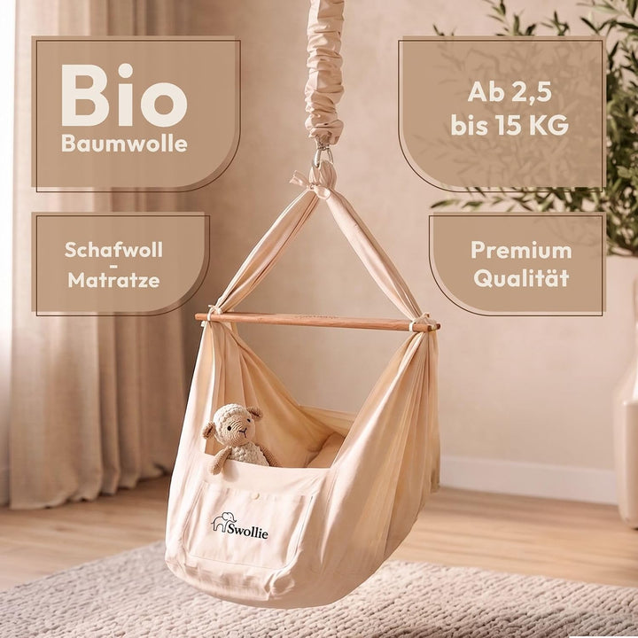 Premium Federwiege beige | für Babys ab Geburt bis 15 Kg | Bio-Baumwolle
