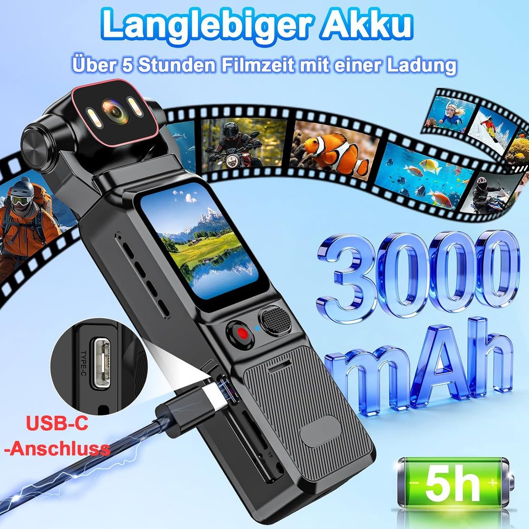 Action Cam 4K, 6-Achsen-Stabilisierung Videokamera Vlog, Live-View-Display Vlog Kamera WLAN, 160° We