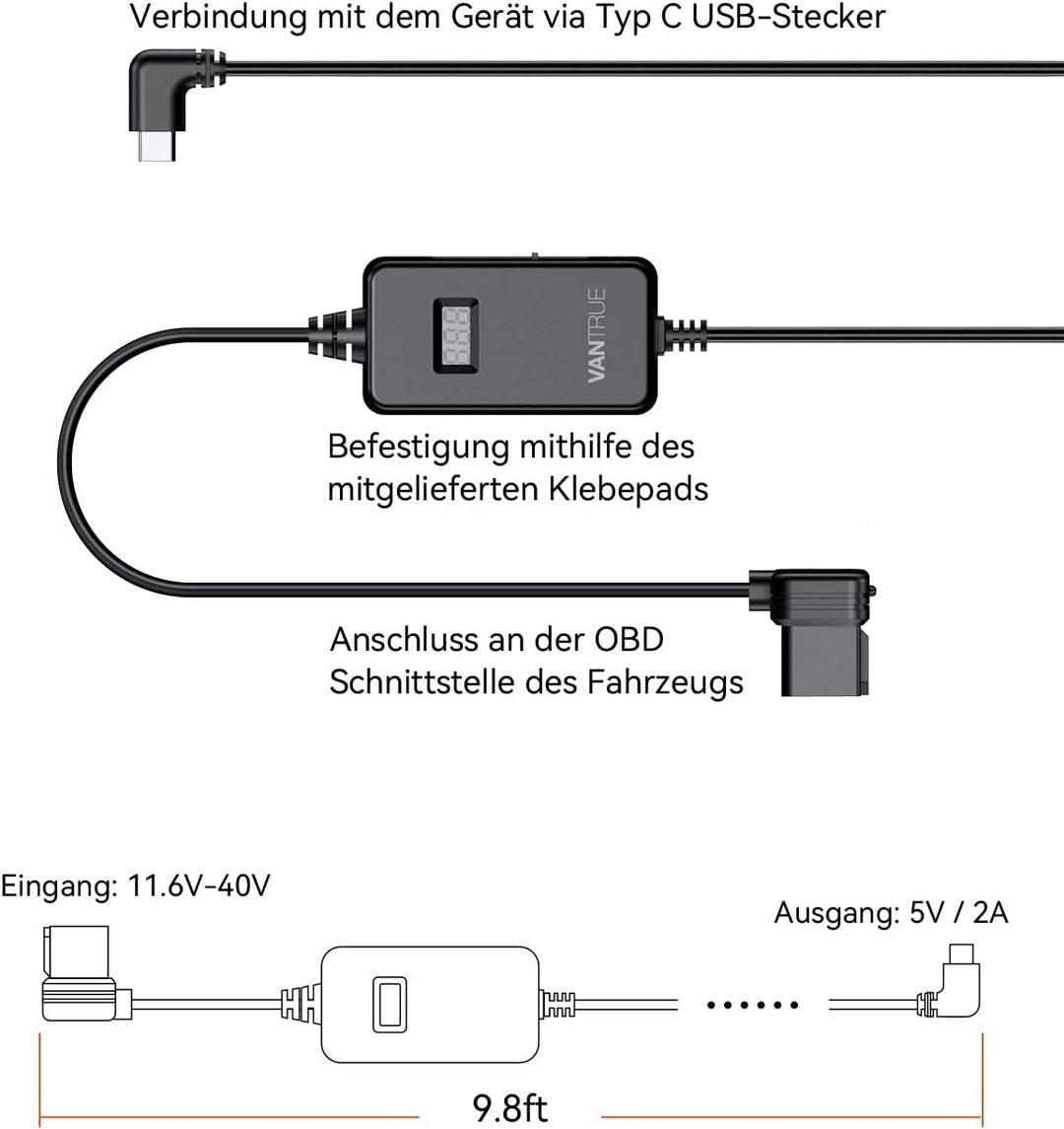 VANTRUE USB C Display OBD Hardwire mit 3 Stufen für alle Vantrue Dash Cam Halterung, Niederspannungs
