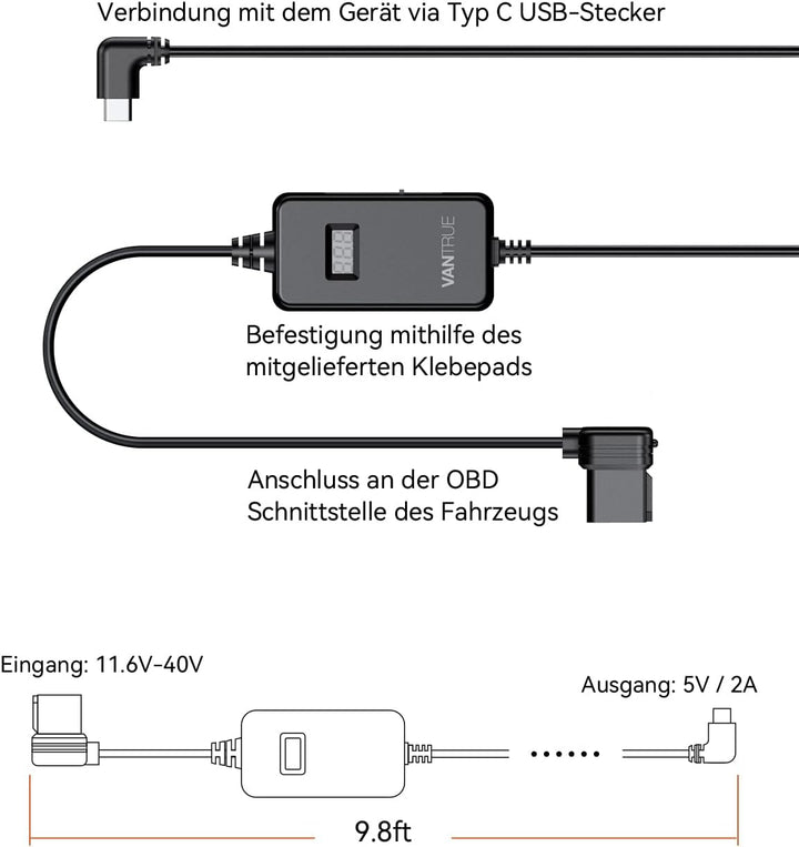 VANTRUE USB C Display OBD Hardwire mit 3 Stufen für alle Vantrue Dash Cam Halterung, Niederspannungs
