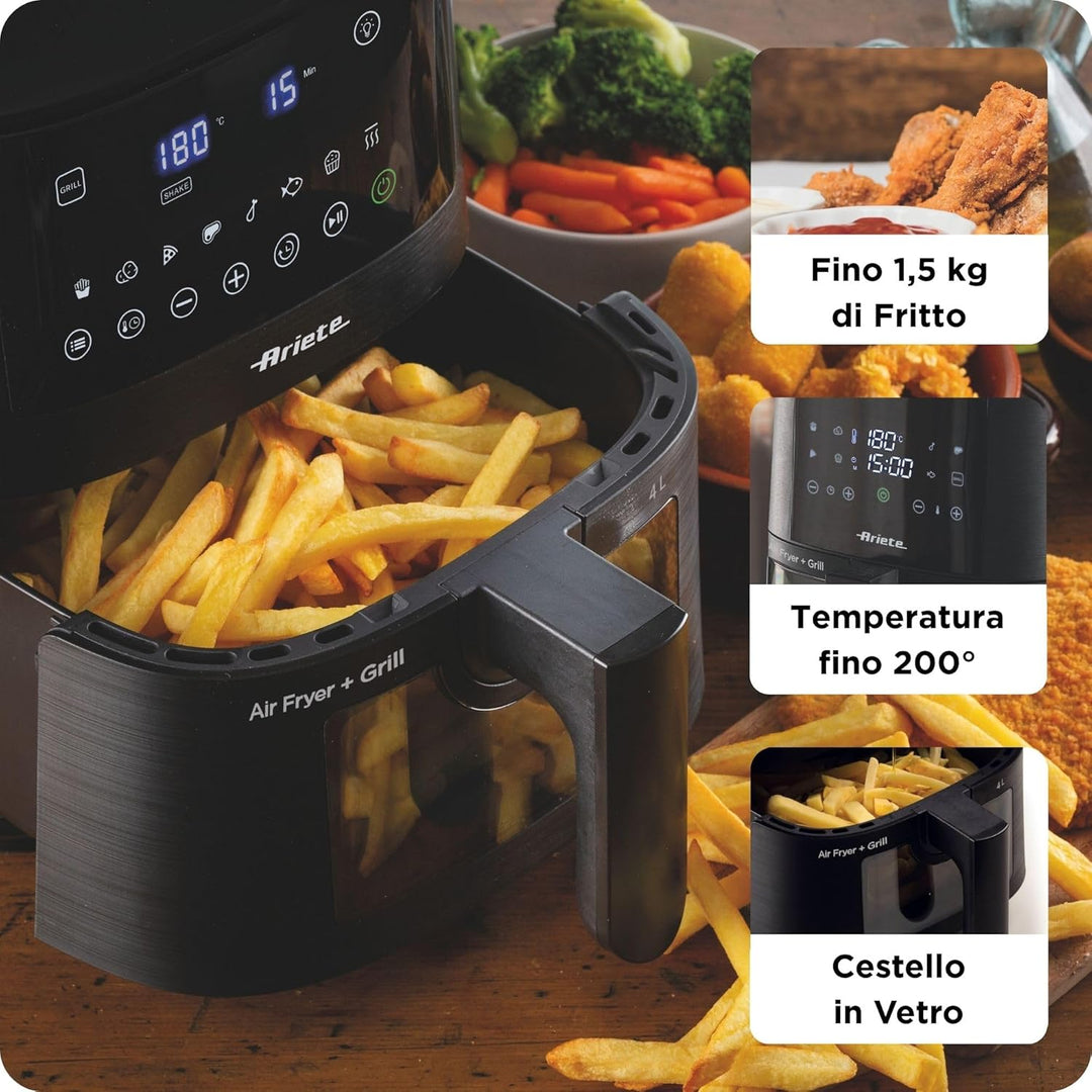 Ariete 4633 4L Heissluftfritteuse, 1400 W, 4L Fassungsvermögen, 9 Programme, Shake- und Grillfunktio