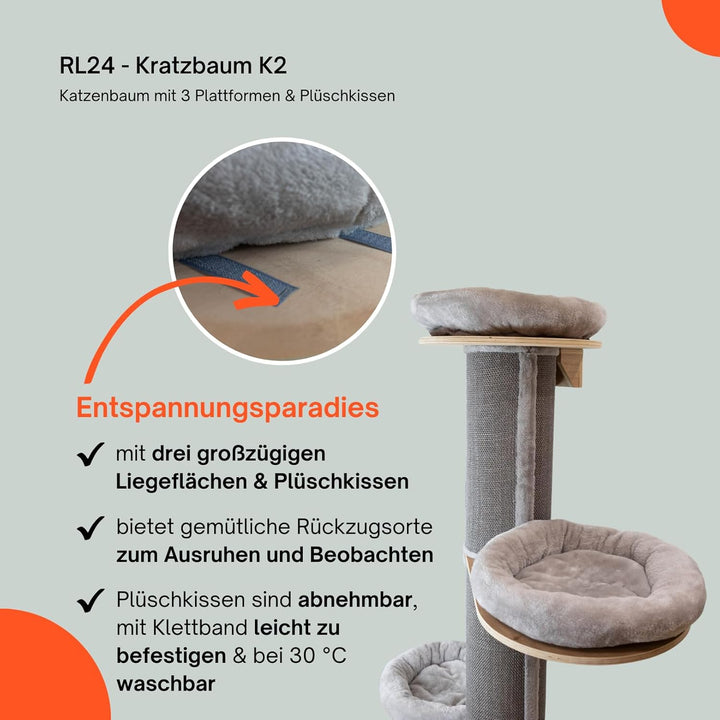 RL24 - Kratzbaum K2 – Katzenbaum mit 3 Plattformen & Plüschkissen in grau – mit Sisalteppich an der