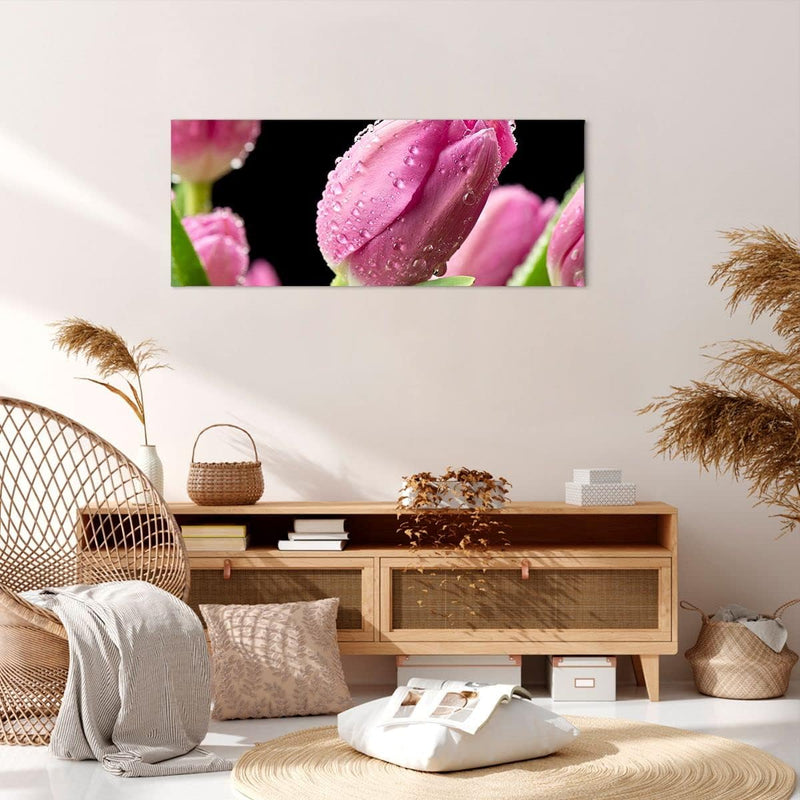 Panorama Bilder auf Leinwand 100x40cm Leinwandbild Tulpe Blumen Tau Gross Wanddeko Bild Schlafzimmer