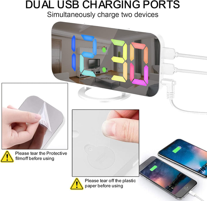 SZELAM Digitaler Wecker, Wecker am Bett, 7 Zoll LED-Spiegelwecker, mit 2 USB-Ladeanschlüssen, Snooze