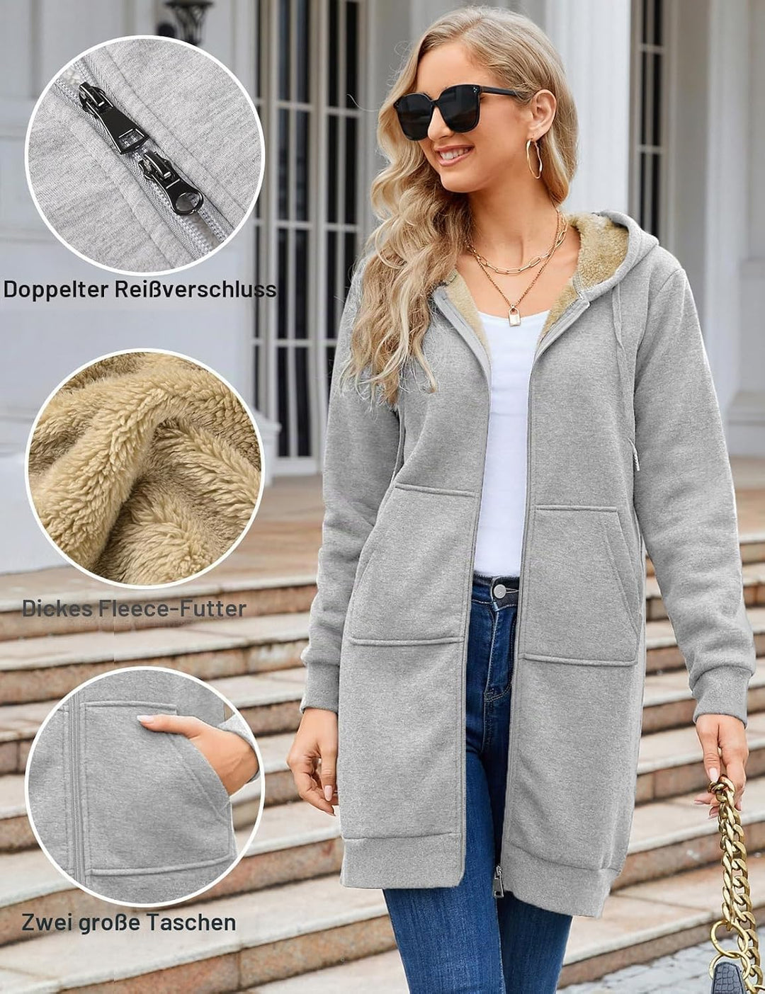 Nadeer Damen Mantel Plüschjacke mit Kapuze Lang Gefüttert Hoodies Plüsch Reissverschluss Mittellang