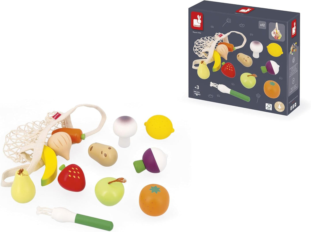 Janod - Netz aus 12 Obst- und Gemüsesorten - Leinentasche - Spielzeug Imitation Einkaufskorb - Ideal