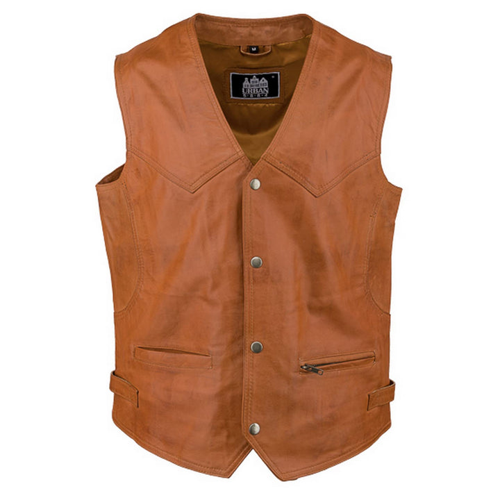 URBAN 5884 Bikergilet aus echtem Leder, bequemes Schafsfell, Bikergilet mit Knopfverschluss S cognac