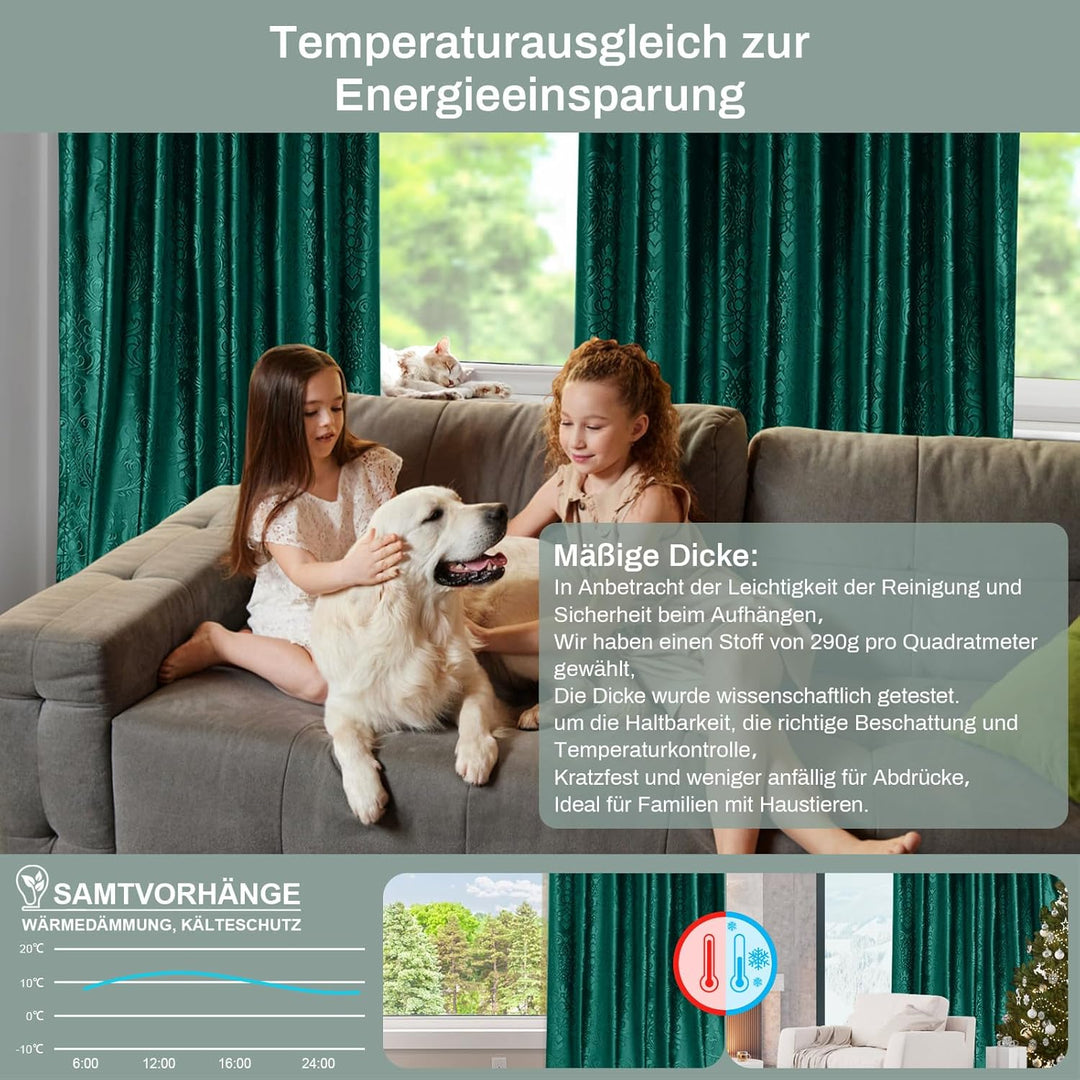 Rosnek Thermovorhang Kräuselband,2 Stück Luxus Vorhang Samt Verdunklungsgardine mit Multifunktionsba