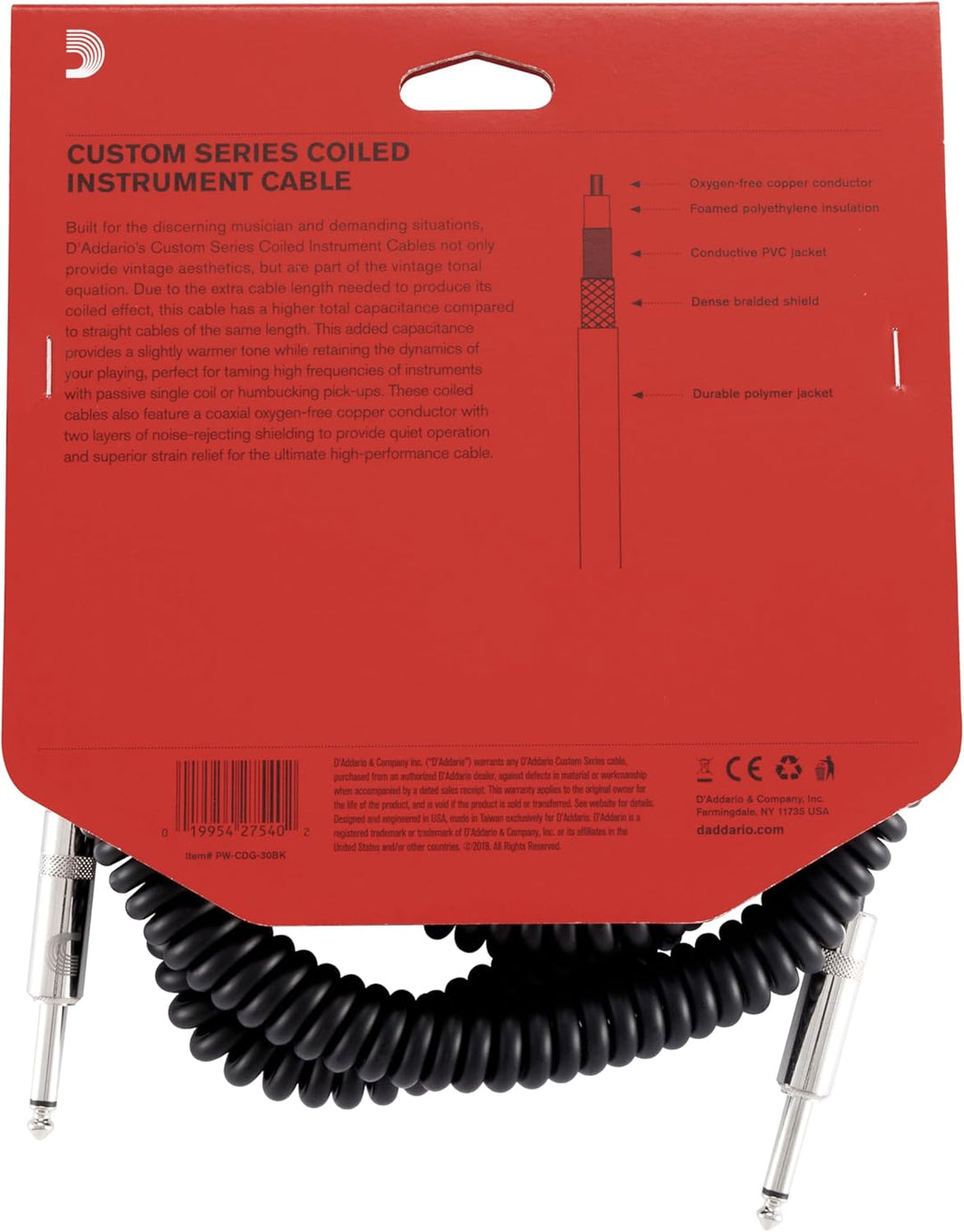 D'Addario Custom Series Spiral-Instrumentenkabel, Schwarz, 6 m
