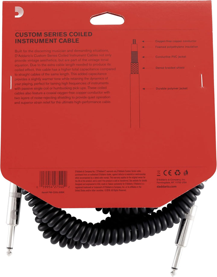 D'Addario Custom Series Spiral-Instrumentenkabel, Schwarz, 6 m
