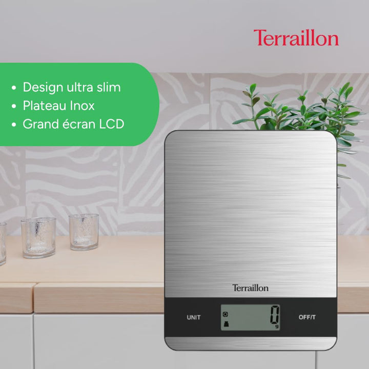 TERRAILLON - SLIM STEEL – Elektronische Küchenwaage, grosses LCD-Display, Edelstahlplatte, ultradünn