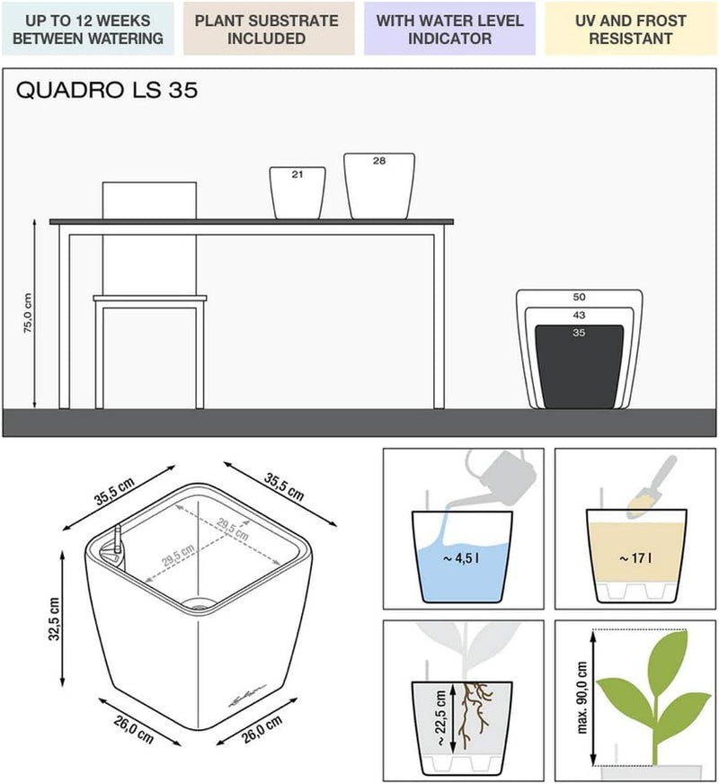 LECHUZA QUADRO Premium LS 35 anthrazit metallic 16163 35x35x33 cm Anthrazit Metallic, 35x35x33 cm An