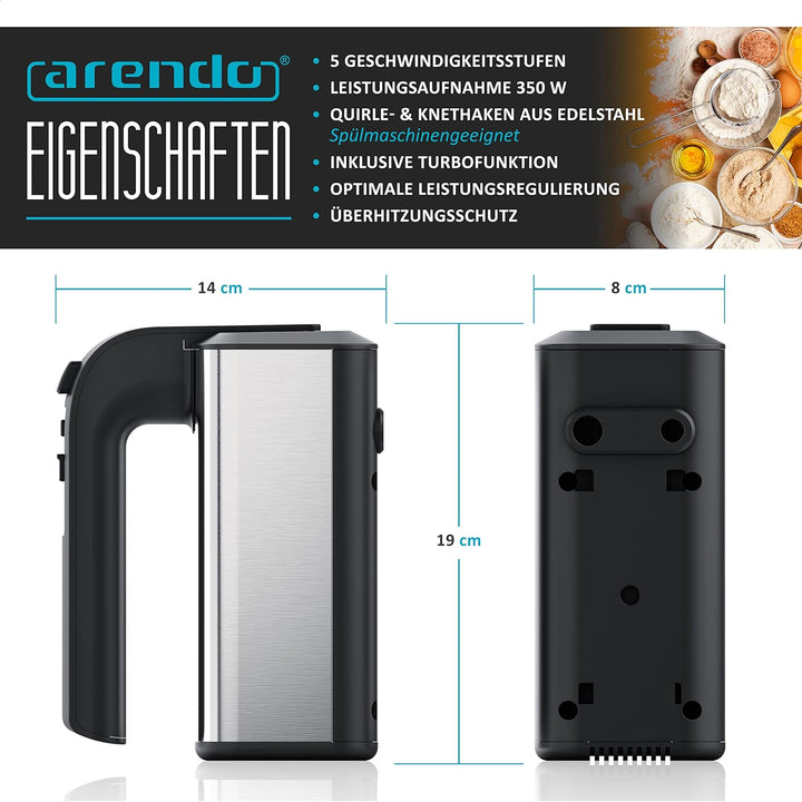 Arendo - Handmixer, Handrührer, 350 Watt, 2 Rührbesen, 2 Edelstahl-Knethaken, spülmaschinengeeignet,