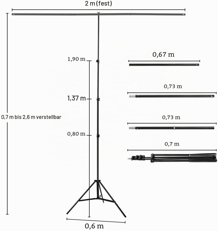 Hintergrundständer T Form 2 x 2,6 m Verstellbarer Hintergrundständer mit DREI Abschnitte Querstange