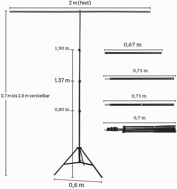 Hintergrundständer T Form 2 x 2,6 m Verstellbarer Hintergrundständer mit DREI Abschnitte Querstange