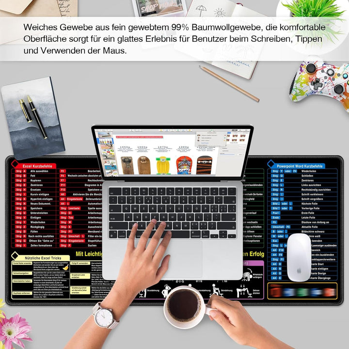 Mauspad XXL - Excel Shortcuts Schreibtischunterlage Deutsch 900x400mm Gaming Mousepad Desk Mat Gross