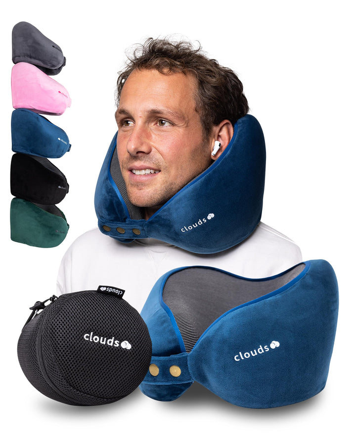 CLOUDS Nackenkissen Flugzeug & Auto – Einstellbares Memory Foam Reisekissen in 2 Grössen für Erwachs