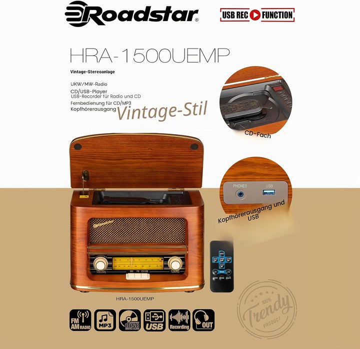 Roadstar HRA-1500UEMP Tragbares CD-Radio Vintage FM/MW, CD-MP3-Player, USB Aufnahmefunktion, Stereo,