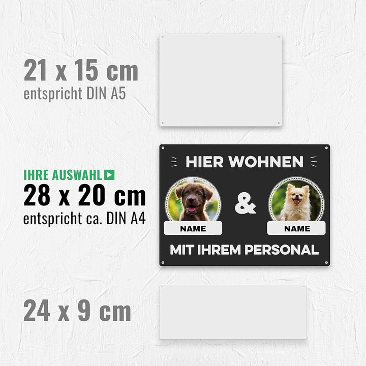 Hunde Schild personalisiert - Hier wohnt mit Personal - Metallschild mit Foto und Name für aussen, w