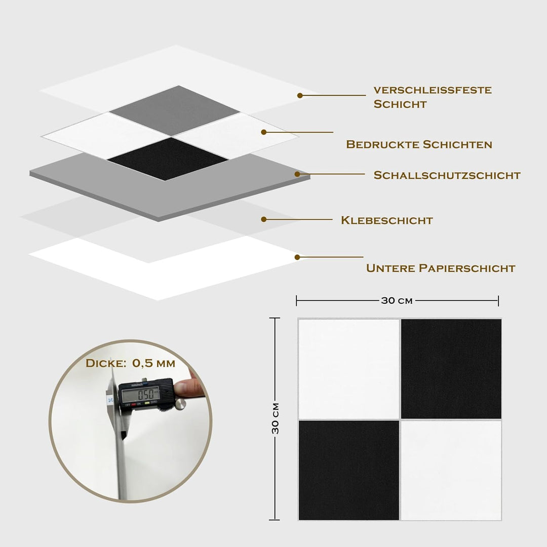 PVC Bodenbelag Selbstklebende Fliesen Schachbrettmuster 30x30 cm, Fliesenoptik Vinylboden Bodenflies