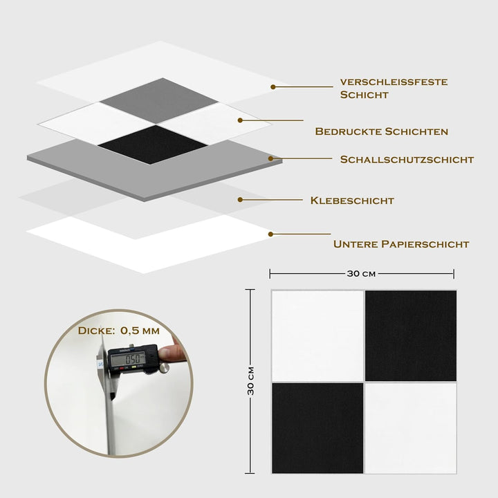 PVC Bodenbelag Selbstklebende Fliesen Schachbrettmuster 30x30 cm, Fliesenoptik Vinylboden Bodenflies