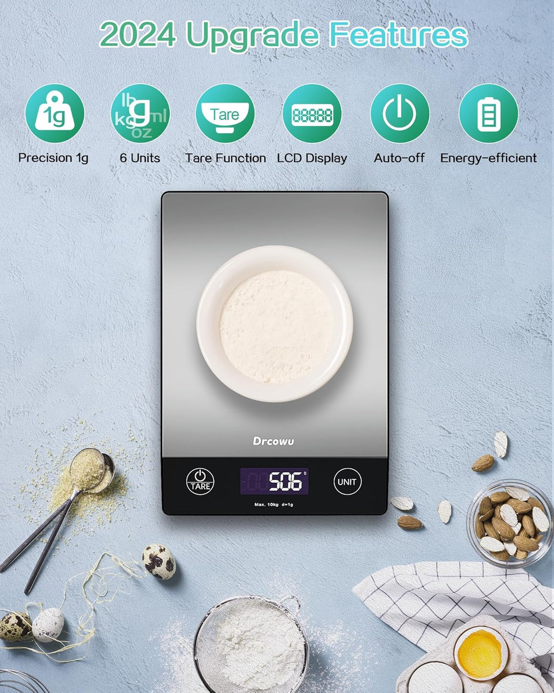 Drcowu Küchenwaage Digitale 10 kg, Waage küche Digital mit LCD-Anzeige, Multifunktions-Lebensmittelw