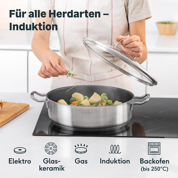 SILBERTHAL Servierpfanne 28 cm hoher Rand - Induktion - Edelstahl - Beschichtete Schmorpfanne mit De