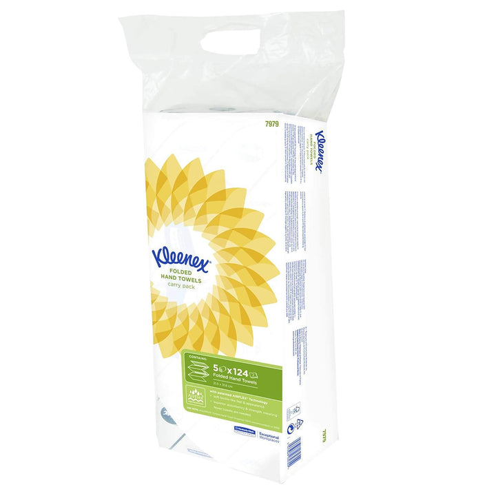 Kleenex Ultra Handtücher mit Interfold-Faltung 7979 – 1 x 5 Packungen mit je 124 weissen, 2-lagigen