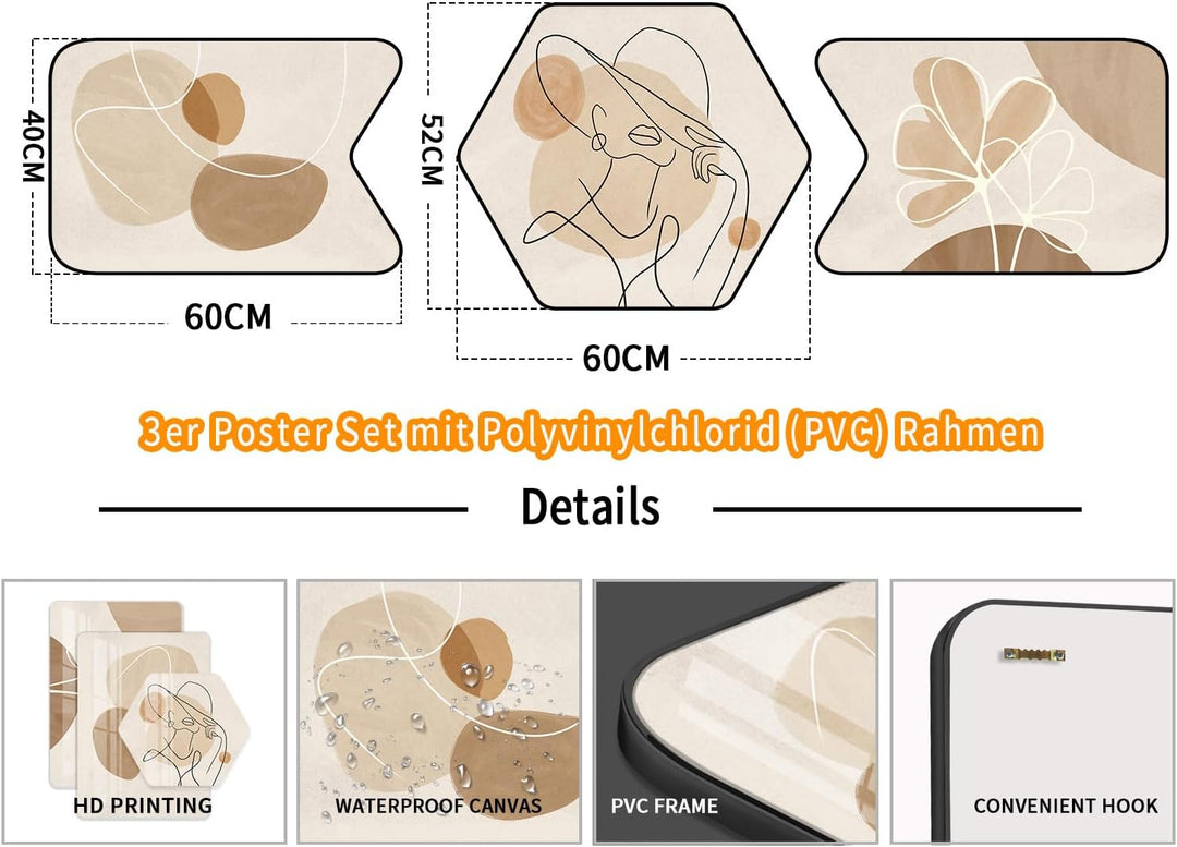 Gouwgenr Bilder mit Rahmen PVC 60x40cm Moderne Abstrakt Line Art Bilder Beige 3 Stück Kristall Bild