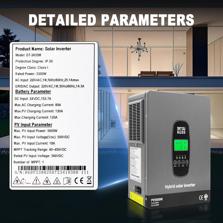 DATOUBOSS 3300W Hybrid Solar Wechselrichter 24V Reiner Sinus, 24V DC auf 230V AC Inverter mit MPPT L