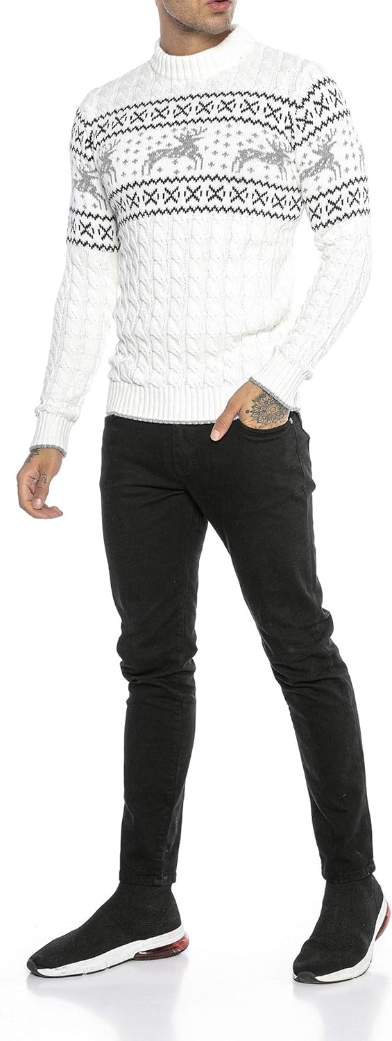 Red Bridge Herren Strickpullover Norweger Pullover Slim-Fit Plait Reindeer S Weiss, S Weiss