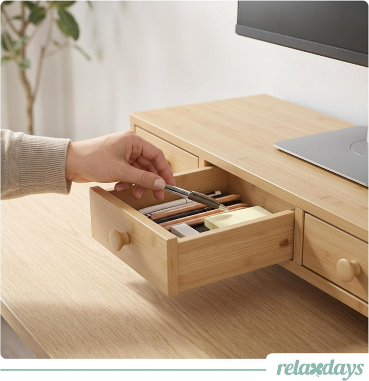Relaxdays Monitorständer, 3 Schubladen, HxBxT: 12,5 x 51 x 24 cm, MDF, Monitorerhöhung Schreibtisch,