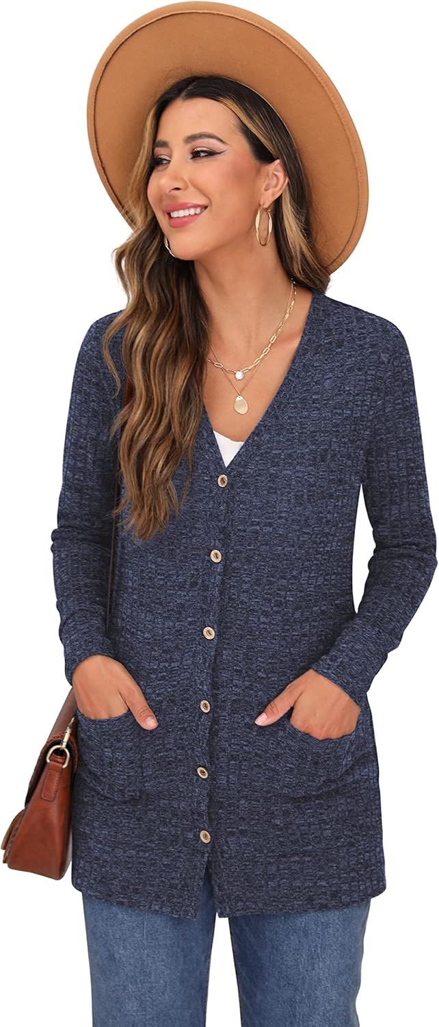 GRECERELLE Damen Leichte Strickjacke Lang mit Taschen und Knöpfen Long Elegant Cardigan V-Ausschnitt