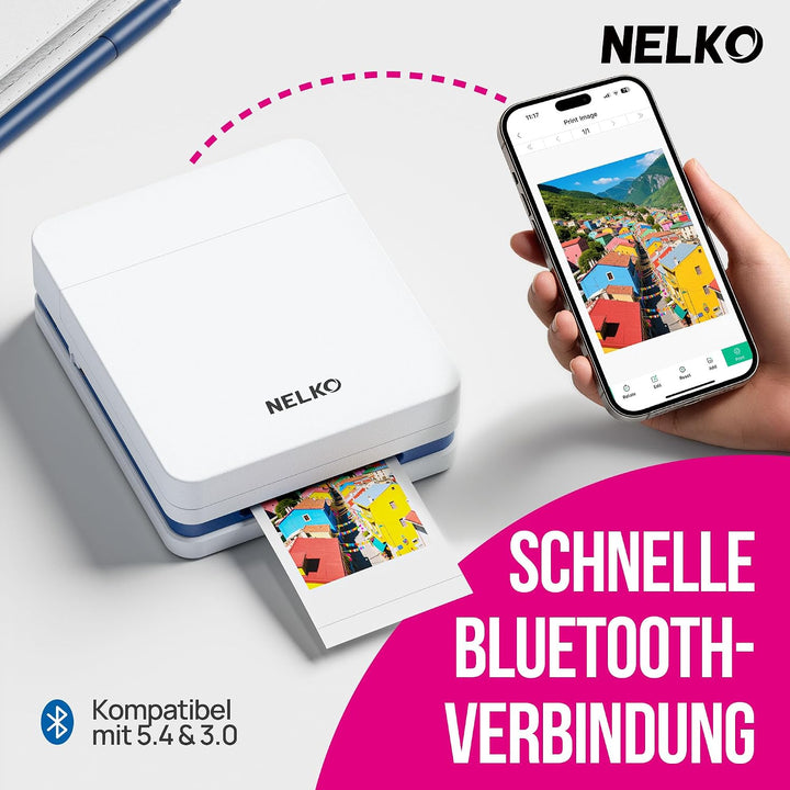 Nelko Fotodrucker PP01 Farbe Tragbarer Mini Fotodrucker für Smartphone mit 20 Fotopapier, Tintenstra