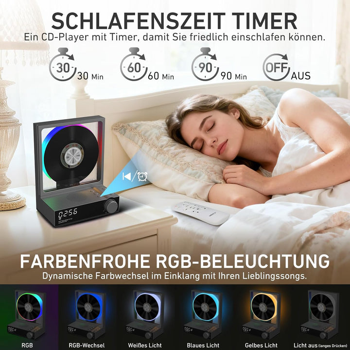 HOTT CD-Player Tragbar mit Fernbedienung, Bluetooth 5.3 Desktop CD Player mit RGB-Lichtern, Tragbare