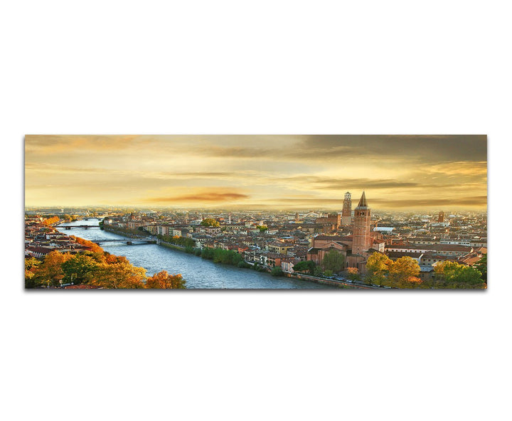 Paul Sinus Art Panoramabild auf Leinwand und Keilrahmen 150x50cm Italien Verona Stadt Fluss Abendlic