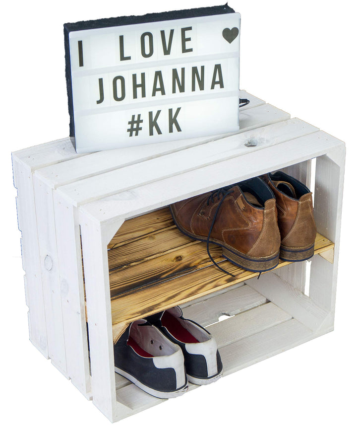neue weisse massive Obstkiste "Johanna" mit geflammtem Mittelbrett längs / Zwischenbrettern ca 50x40
