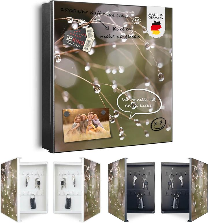 banjado® Grosser Schlüsselkasten Glas/Schlüsselbox 30cm x 30cm mit 50 Haken - Motiv Tau Auf Zweigen/