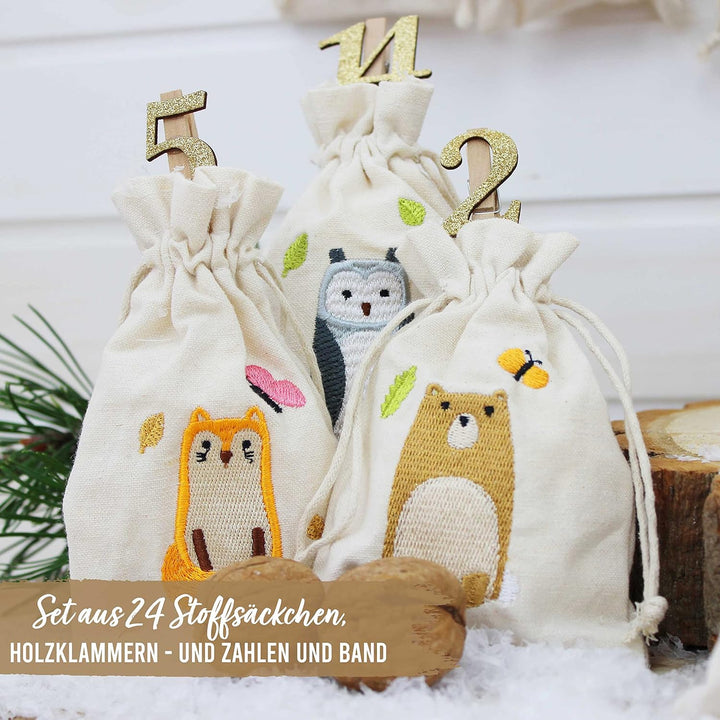 Papierdrachen 24 Adventskalender Stoffsäckchen zum Befüllen - mit goldenen Holzzahlen - Stoffbeutel