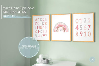 Papierschmiede® Kinderbilder 3er Set Lernposter, A4 gerahmt in Holzrahmen (Natur), Geschenk für Mädc