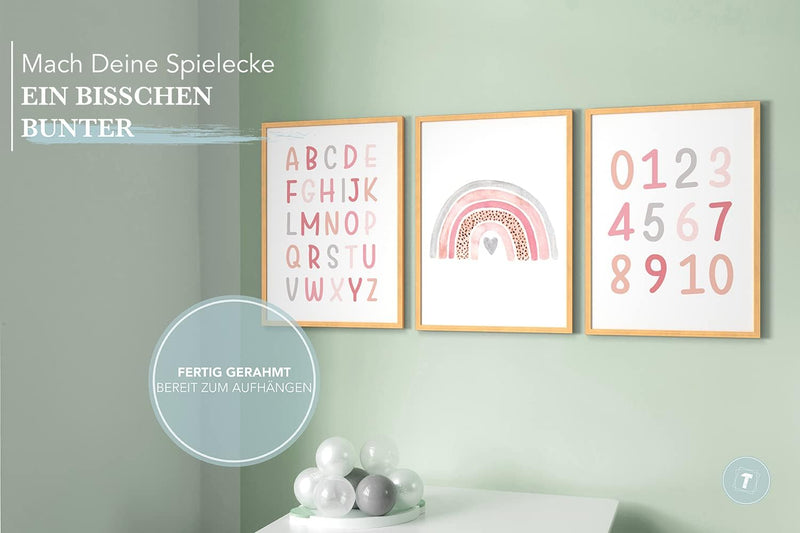 Papierschmiede® Kinderbilder 3er Set Lernposter, A3 gerahmt in Holzrahmen (Natur), Geschenk für Mädc