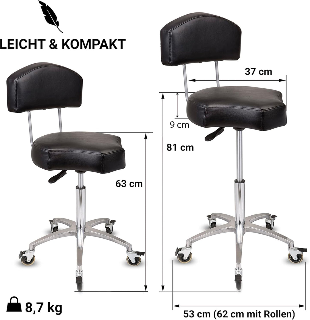 Rollhocker bis 160 kg - Ergonomisch geformter Sitz mit Bremse und Lehne - Drehhocker (Premium Rollen