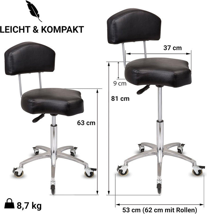Rollhocker bis 160 kg - Ergonomisch geformter Sitz mit Bremse und Lehne - Drehhocker (Premium Rollen