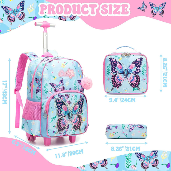 HTgroce Schulrucksack Trolley Mädchen (Schmetterling Design) – Ergonomischer Schulranzen mit Rollen
