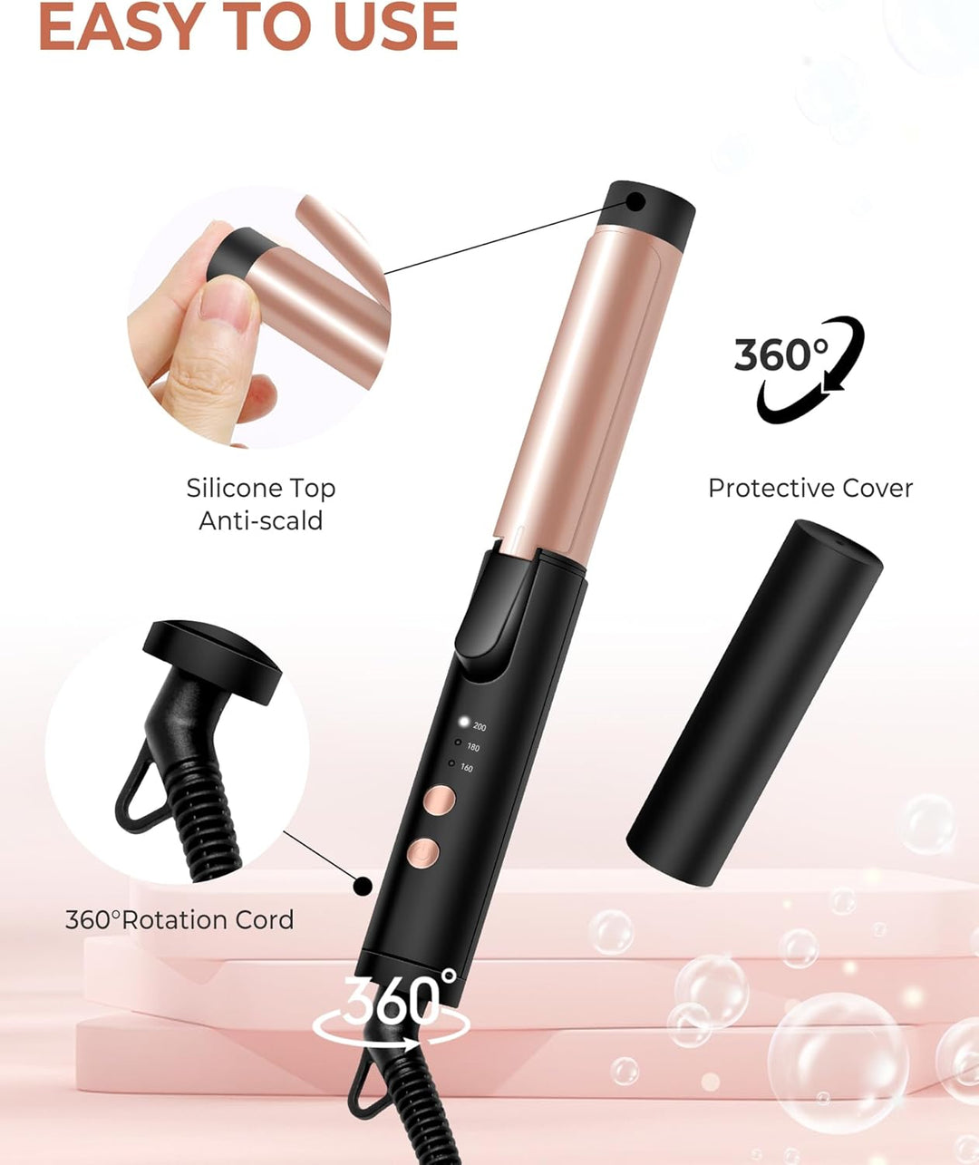 Kompakter Lockenstab FüR Unterwegs Einstellbare Temperatur Mini LockenstäBe Rosa Gold, Rosa Gold