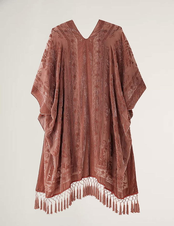 MJ SERECA Damen Burnout Samt Kimono Lange Strickjacke Cover Up Casual Outfit (Herbstblatt), Einheits