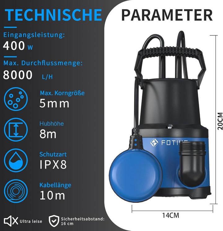 FOTING Tauchpumpe 400 W, 8000 l/h, Förderhöhe max. 8 m, Eintauchtiefe max. 7 m, einstellbarer Schwim