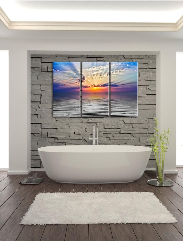 Pixxprint Sonnenaufgang im Meer / 3-Teilig/Gesamtmass 120cm Leinwandbild bespannt auf Holzrahmen/Wan
