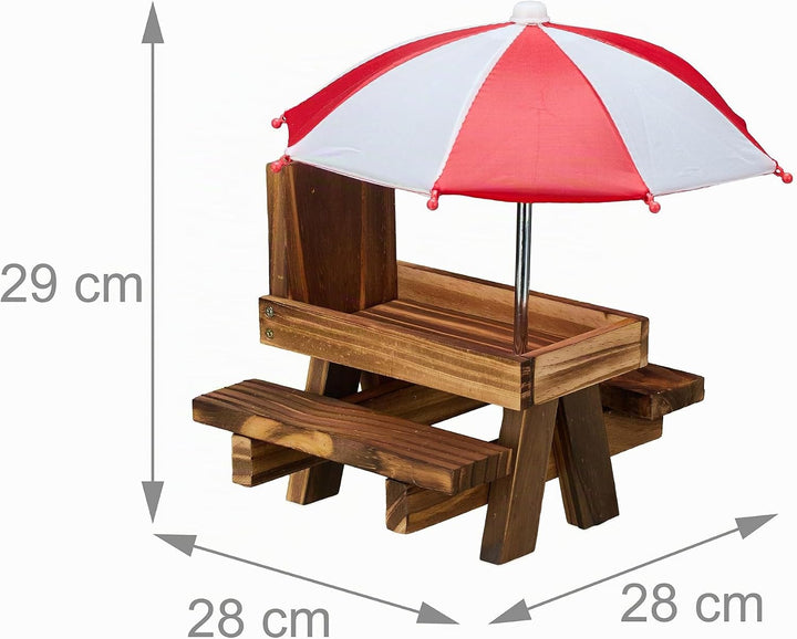 Relaxdays Eichhörnchen Tisch, Holz, Eichhörnchenbank mit 2 Schirmen, Eichhörnchen-Picknicktisch zum